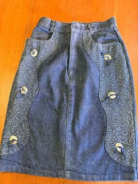 Vtg Roughrider by Circle T Denim Western Skirt Paisley Concho Lace Up High Waist